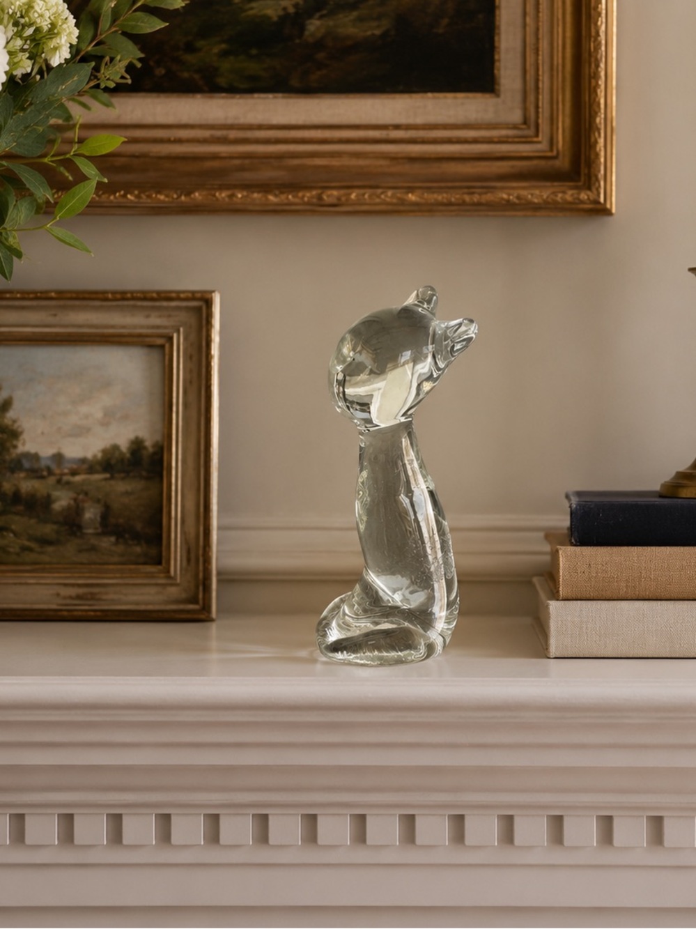 Art Glass Cat Hand Blown Clear Vintage Figurine Kitten 4.75 Inches Tall